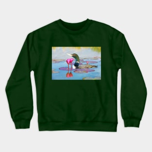 Yellow Billed Loon and Pink Lotus Flowers Crewneck Sweatshirt